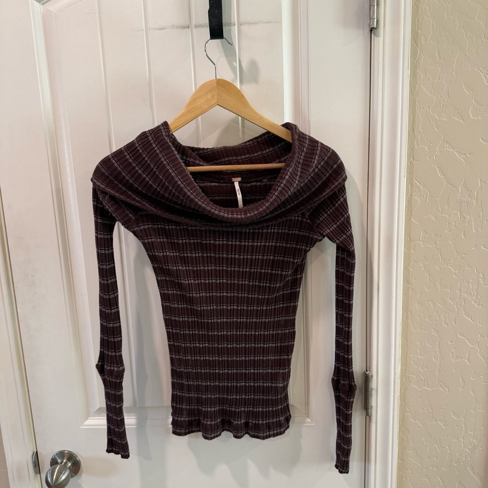 Free People Ribbed Cowl Neck Top Brown Striped Stretch Long Sleeve Large